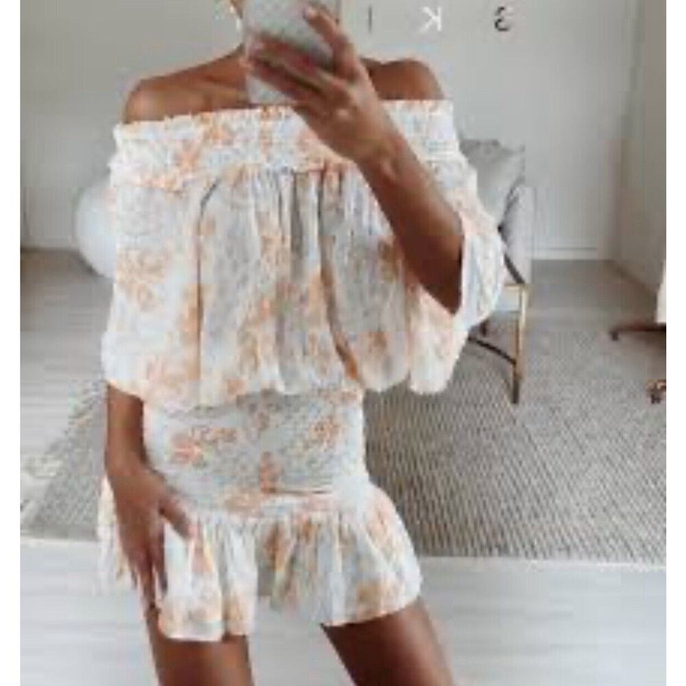 Sabo Skirt Lorde Dress On/Off Shoulder Shirred Waist White Floral XS